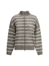 Brunello Cucinelli Women Open Knit Design Cardigan With Sequins In Cream