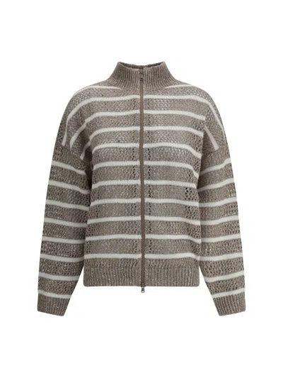Brunello Cucinelli Women Open Knit Design Cardigan With Sequins In Beige