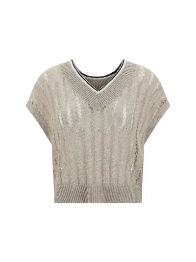 BRUNELLO CUCINELLI BRUNELLO CUCINELLI WOMEN OPENWORK KNIT DESIGN VEST WITH SEQUINS