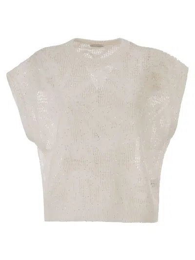 Brunello Cucinelli Women Openwork Knit Top With Sequins In White