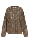 Brunello Cucinelli Dazzling Brown Round Neck Sweater With Open Stitch And Beaded Decorations In Linen Blend Woman In Brown