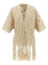 Brunello Cucinelli 'macramé Crochet' Short Sleeve Cardigan With Fringe In Sand