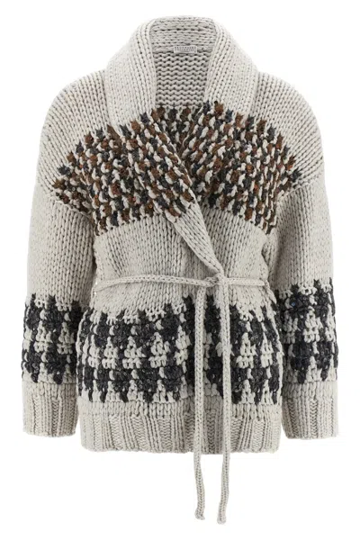 Brunello Cucinelli Prince Of Wales Knit Cardigan With Belt In White