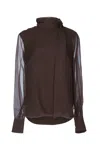 Brunello Cucinelli Sheer Long Sleeve Top With Tie Neck In Brown