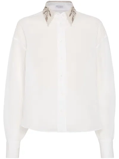 Brunello Cucinelli Women Organza Cotton Shirt With Embroidery In Multicolor