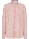 Brunello Cucinelli Bordeaux Stripe Linen-cotton Blend Shirt In Pink