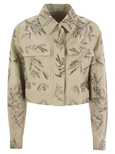 Brunello Cucinelli Women Outerwear In Cotton And Linen Canvas With Glistening Flora Embroidery