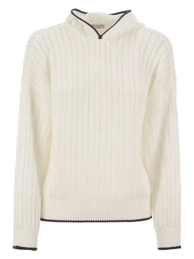 BRUNELLO CUCINELLI WOMEN'S PERFORATED RIB COTTON KNIT TOPWEAR WITH HOOD AND NECKLACE