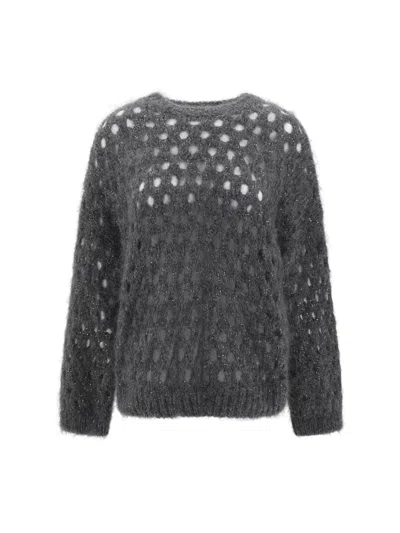 Brunello Cucinelli Women Perforated Sequins Sweater In Gray