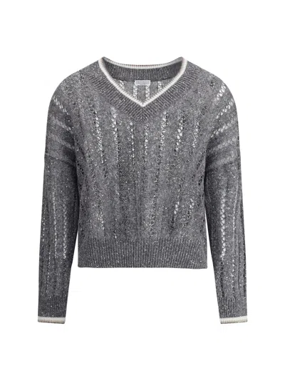 Brunello Cucinelli Women Perforated Sweater With Sequins In Gray