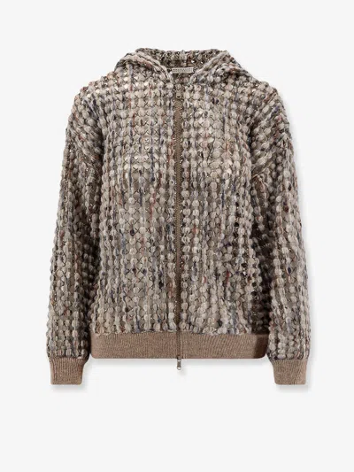 Brunello Cucinelli Women Perforated Wool Blend Cardigan With Sequins In Brown