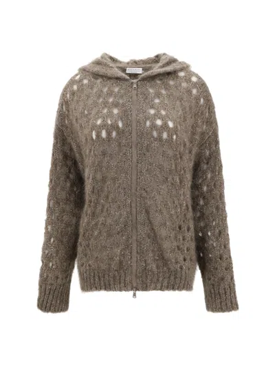 Brunello Cucinelli Women Perforated Wool Cardigan In Brown