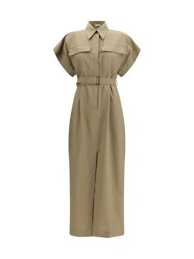 Brunello Cucinelli Women Chemise Dress In Technical Cotton And Nylon Poplin With Belt In Brown