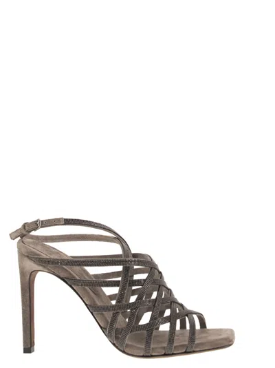 Brunello Cucinelli Women Precious Net Suede High Sandals In Beige