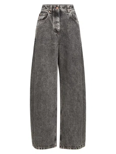 Brunello Cucinelli Prince Of Wales Denim Wide Trousers With Monili In Gray