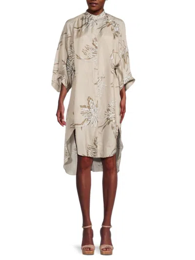 Brunello Cucinelli Women's Print Band Collar Silk Knee Length Dress In Beige