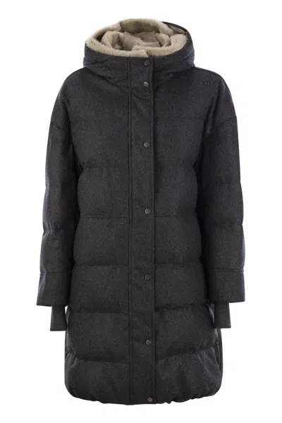 Brunello Cucinelli Pure New Wool Down Jacket With Sheepskin Hood In Lignite