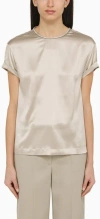 Brunello Cucinelli Elegant Stretch Silk Satin T-shirt With Jewel Accent In Purple
