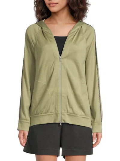 Brunello Cucinelli Women's Raglan-sleeve Beaded Slub-knit Hoodie In Green