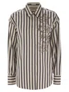Brunello Cucinelli White Shirt With Floral Embroidery On The Front And All-over Striped Motif