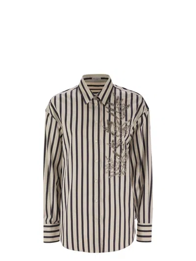 BRUNELLO CUCINELLI WOMEN'S REGIMENTAL COTTON AND SILK POPLIN SHIRT WITH GLISTENING HERBARIUM EMBROIDERY