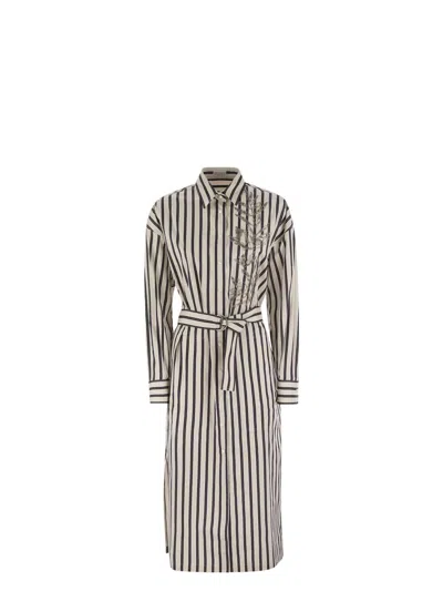 BRUNELLO CUCINELLI WOMEN'S REGIMENTAL COTTON-SILK POPLIN DRESS WITH GLISTENING HERBARIUM EMBROIDERY