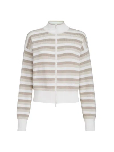 Brunello Cucinelli Women's Rib Knit Cotton Cardigan With Stripes In White