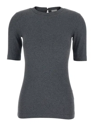 Brunello Cucinelli Grey T-shirt With Round Neck And Three-quarter Sleeve In Cotton Woman In Gray