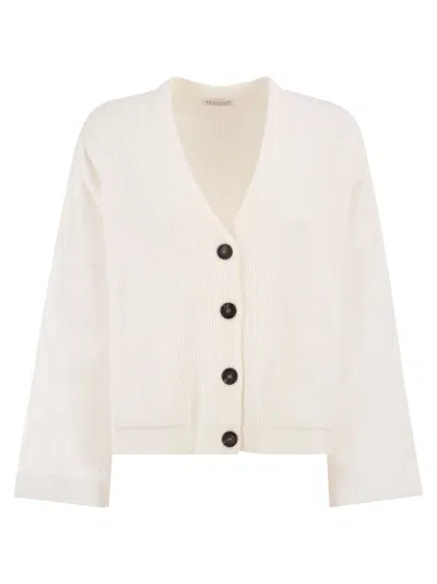 Brunello Cucinelli Women Ribbed Cardigan With Organza Sleeves In White