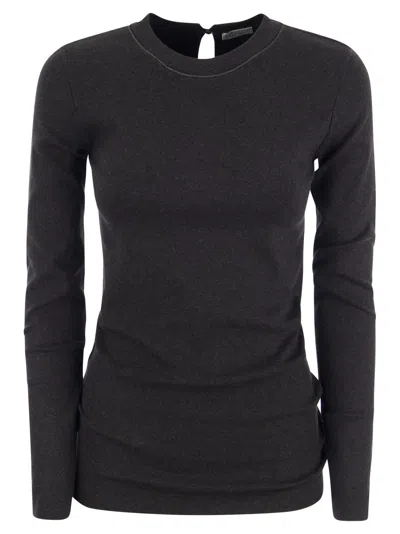 BRUNELLO CUCINELLI BRUNELLO CUCINELLI WOMEN RIBBED STRETCH COTTON JERSEY T-SHIRT WITH JEWELLERY