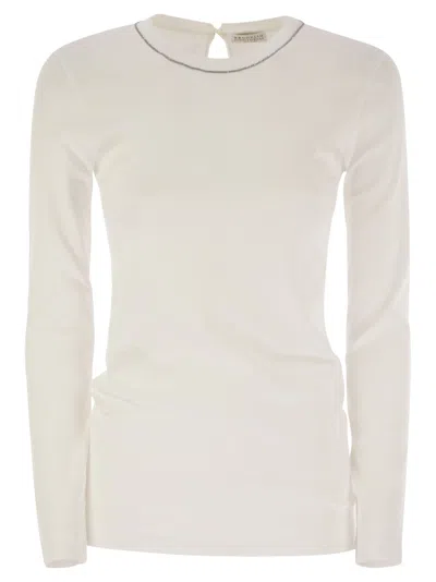 BRUNELLO CUCINELLI BRUNELLO CUCINELLI WOMEN RIBBED STRETCH COTTON JERSEY T-SHIRT WITH JEWELLERY