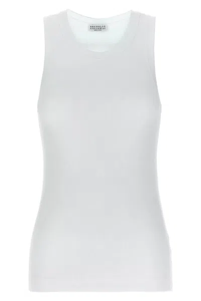 Brunello Cucinelli Women White Sleeveless Top With Round Neck And Monil Detail On The Rear In Cotton In Multi