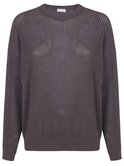 Brunello Cucinelli Crew Neck Sweater Long Sleeve Sheer Ribbed In Brown