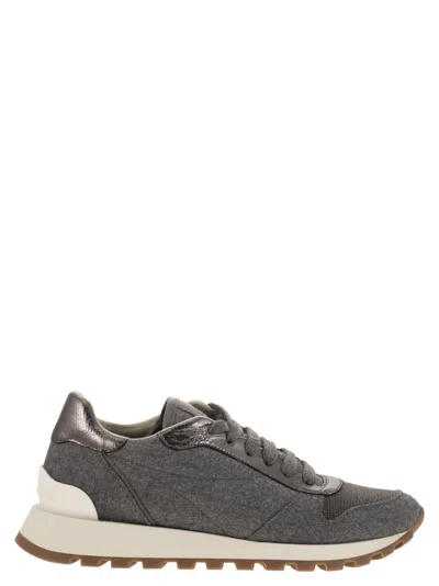 Brunello Cucinelli Women Runners In Virgin Wool Flannel And Lamé Calfskin With Precious Toe In Gray