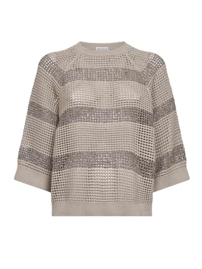 Brunello Cucinelli Women Sand Cotton Net Knit Sweater With Dazzling Stripes In Black