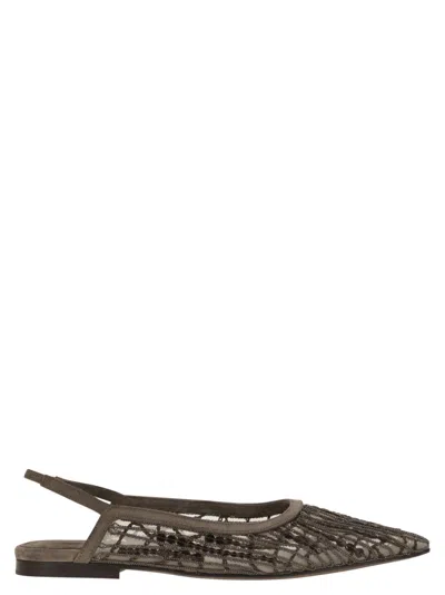 Brunello Cucinelli Women Sandal With Sparkling Abstract Embroidery In Suede In Green