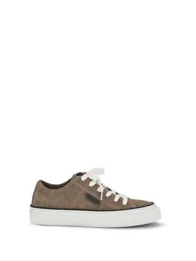 Brunello Cucinelli Beige Calf Leather Bos Taurus Low Top Sneakers In Brown