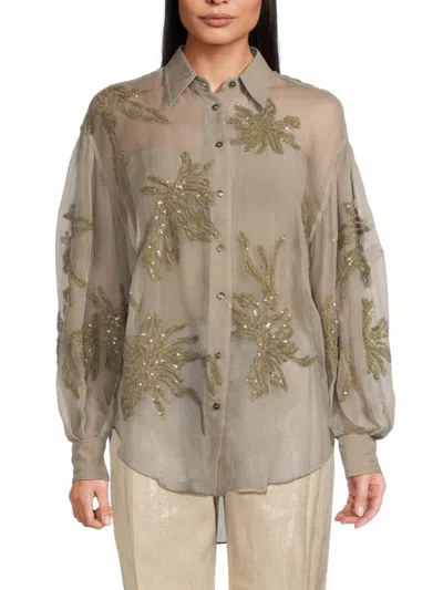 Brunello Cucinelli Women's Sequin Embroidery Button Down Silk Shirt In Khaki
