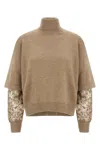 Brunello Cucinelli Turtleneck Sweater With Sequin Sleeve Embellishments In Brown