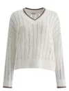 Brunello Cucinelli Open-knit Sweater With Vertical Stripes In White