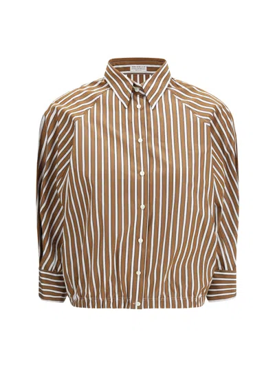 Brunello Cucinelli Striped Cotton Button-down Balloon Shirt In Brown