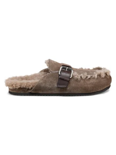 Brunello Cucinelli Suede Shearling-lined Mules In Brown