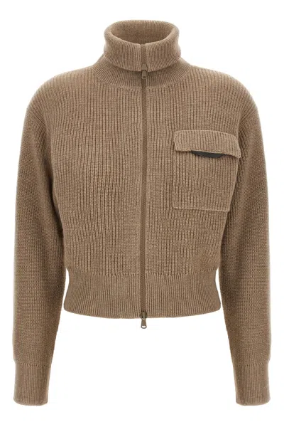 Brunello Cucinelli Women 'shiny Flap Detail' Cropped Cardigan In Brown