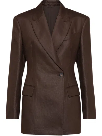 Brunello Cucinelli Women Shiny Linen Jacket With Shiny Details In Brown