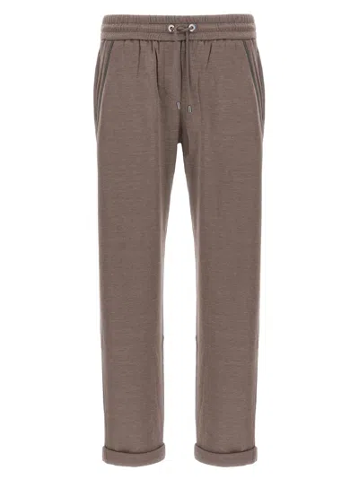 Brunello Cucinelli Joggers Featuring Shiny Pocket Side Detail In Brown