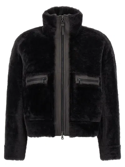 Brunello Cucinelli Women 'shiny Zipper Pull' Shearling Jacket In Gray