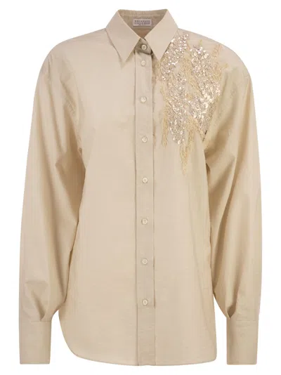 Brunello Cucinelli Women Shirt With Floral Embroidery And Sequins In Neutral