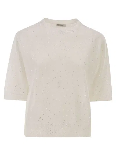 Brunello Cucinelli Women Short-sleeved Crew Neck Jumper In Linen And Cotton With Sequins In White
