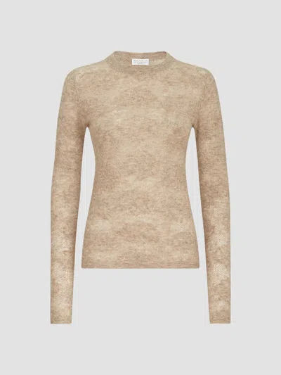 Brunello Cucinelli Silk, Alpaca And Wool Flower-lace Sweater In Neutral