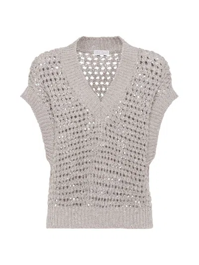 Brunello Cucinelli Women's Silk And Linen Net Sweater In Grey